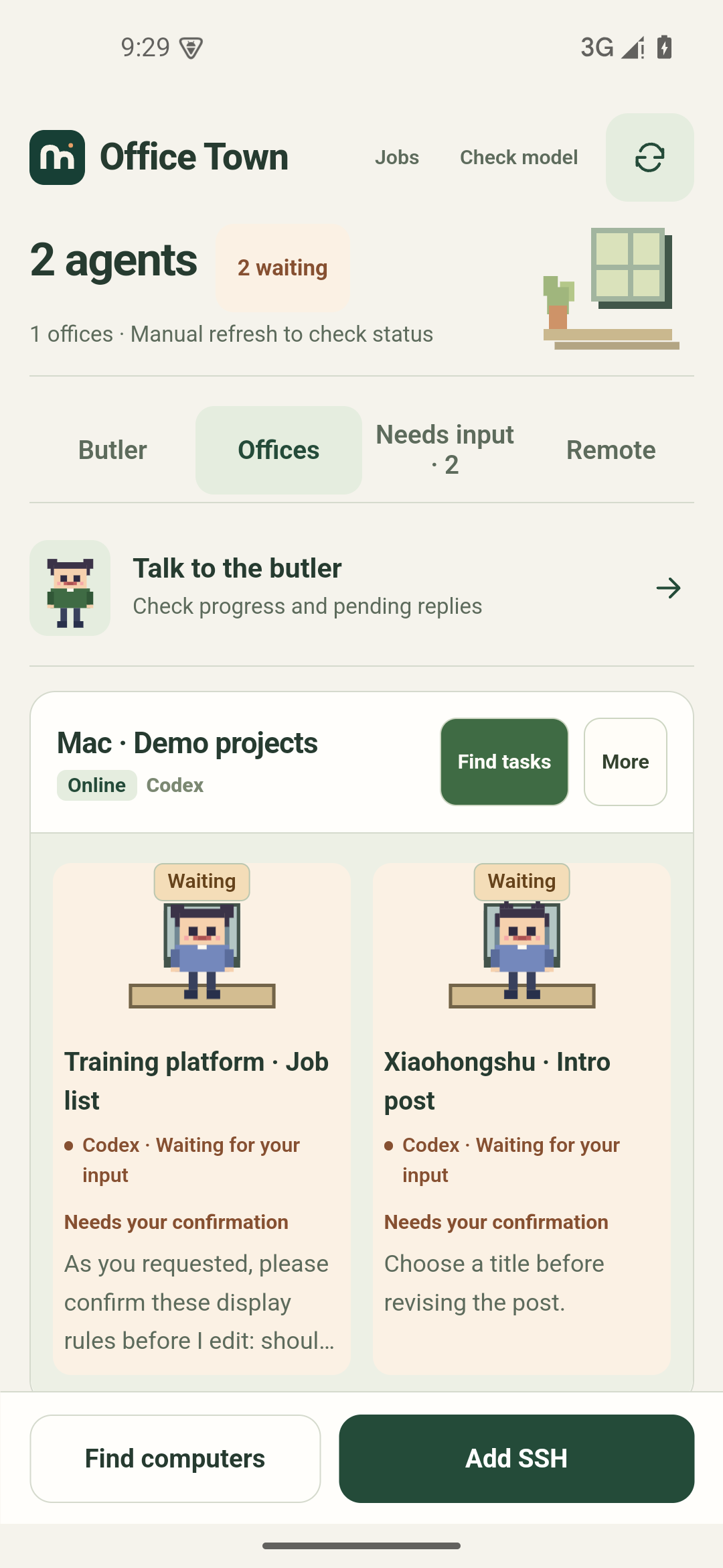 Office Town tasks: training platform development and Xiaohongshu editing, with pending decisions (preview build, demo projects)